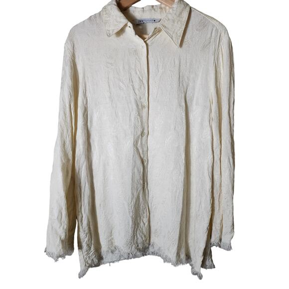 ZARA Cream Paisley Textured Fringe Career Casual Night Out Button Up Top SZ XL - Picture 1 of 10